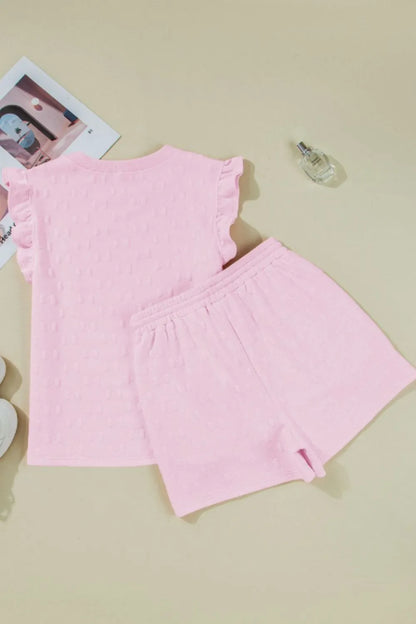 Bow Jacquard Ruffle Cap Sleeve Top and Shorts Set
