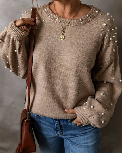 Pearl Detail Round Neck Long Sleeve Sweater Mocha
