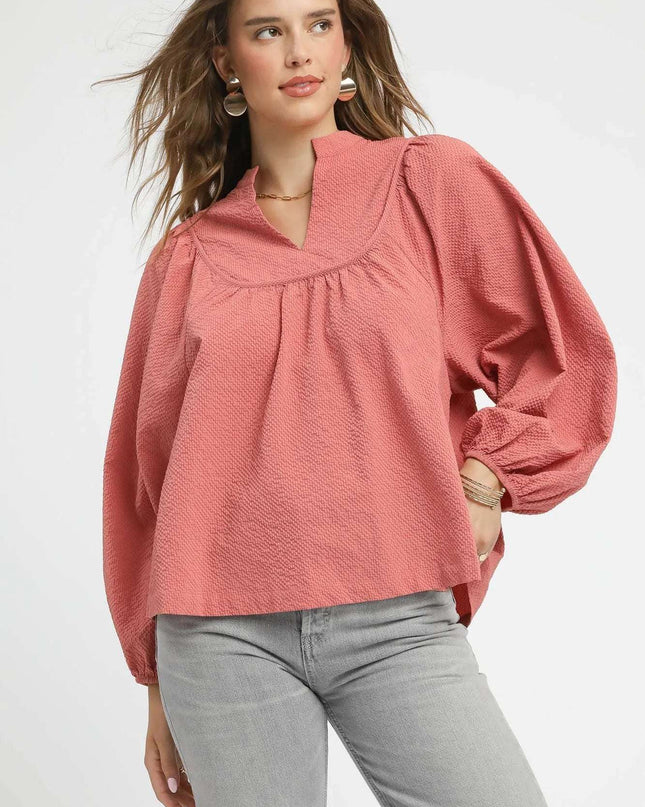 Umgee Textured Notched Blouse with Balloon Sleeves DUSTY ROSE