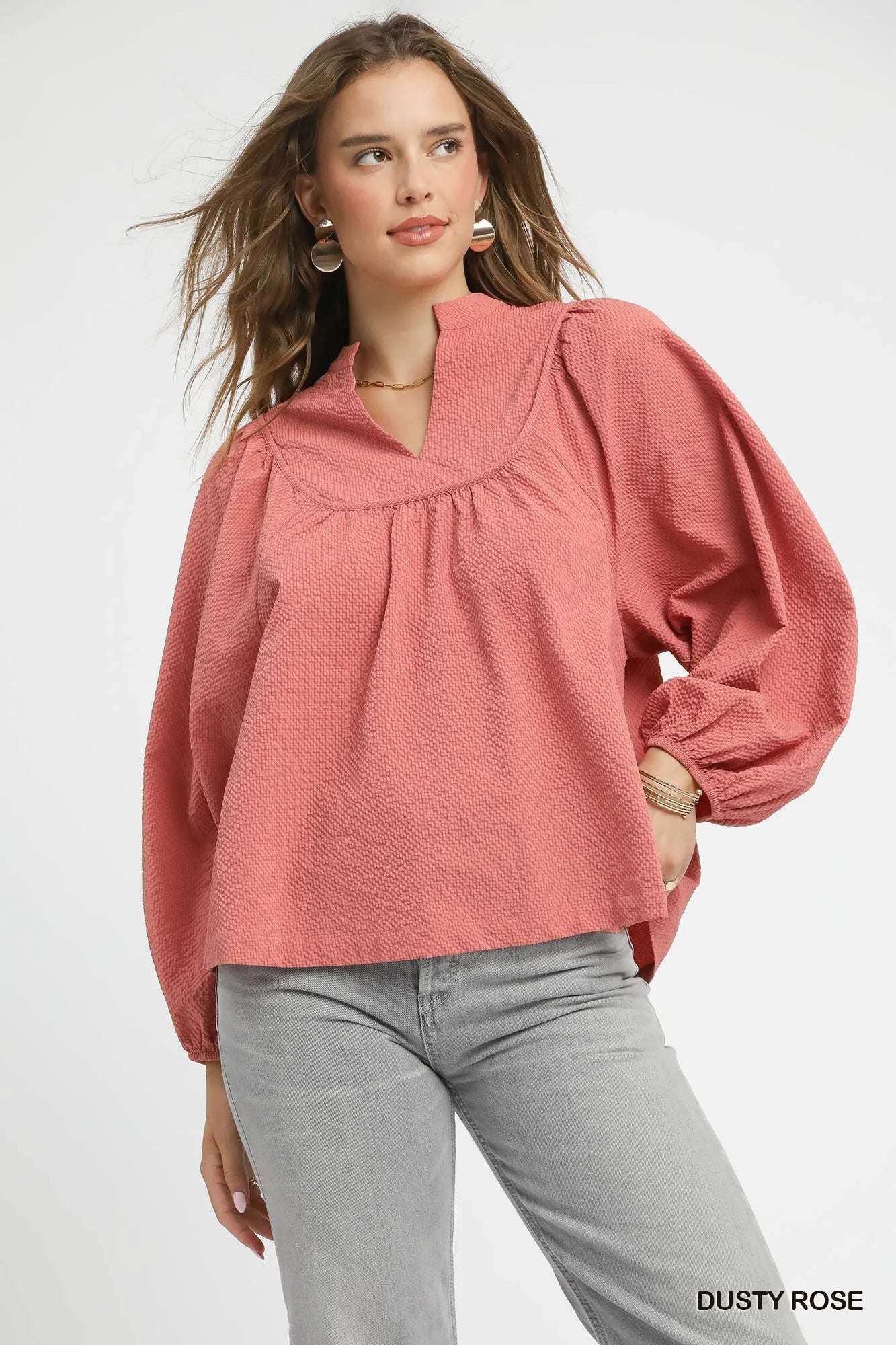 Umgee Textured Notched Blouse with Balloon Sleeves DUSTY ROSE