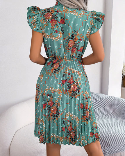 Pleated Floral Printed Tie Neck Knee Length Dress