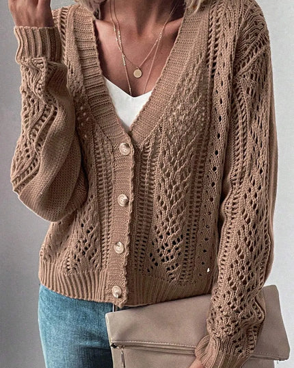 Openwork Button Up Long Sleeve Cardigan Taupe
