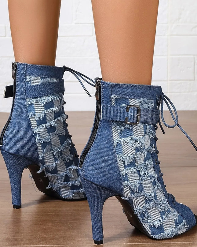 Distressed Denim Lace-Up Peep Toe Ankle Boots 