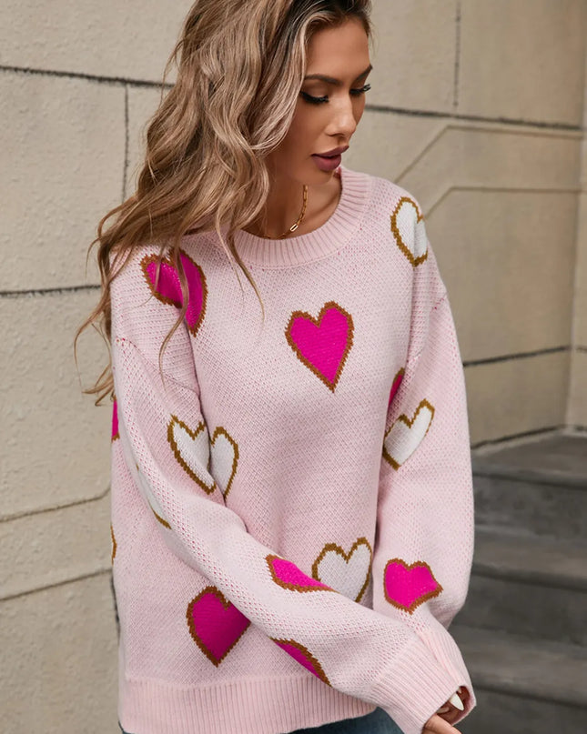 Angel Wings Contrast Heart Round Neck Long Sleeve Sweater