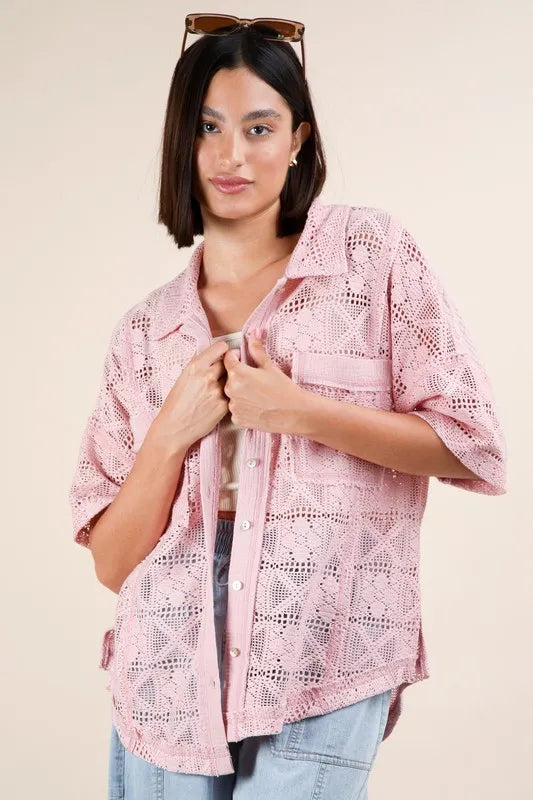 VERY J Plus Size Oversized Crochet Button Down Shirt Top Blush