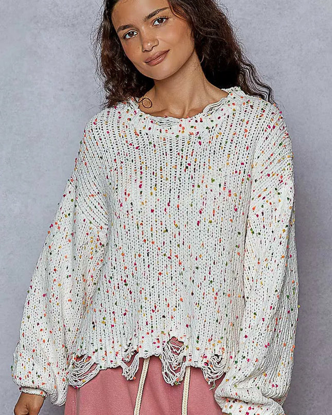 POL Round Neck Fringed Hem Sweater