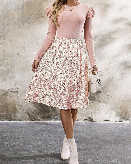 Ruffled Floral Long Sleeve Knee Length Dress