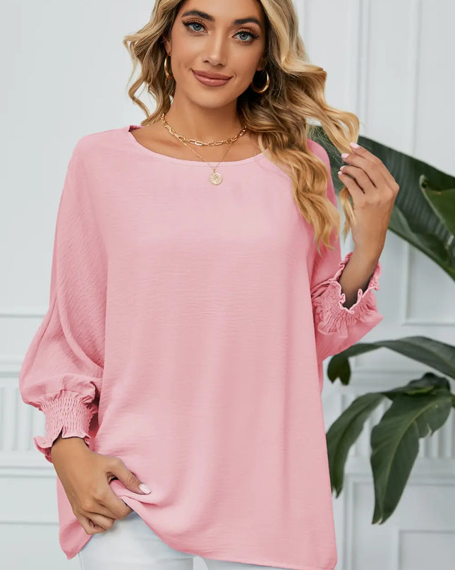 Smocked Lantern Sleeve Round Neck Blouse Blush Pink