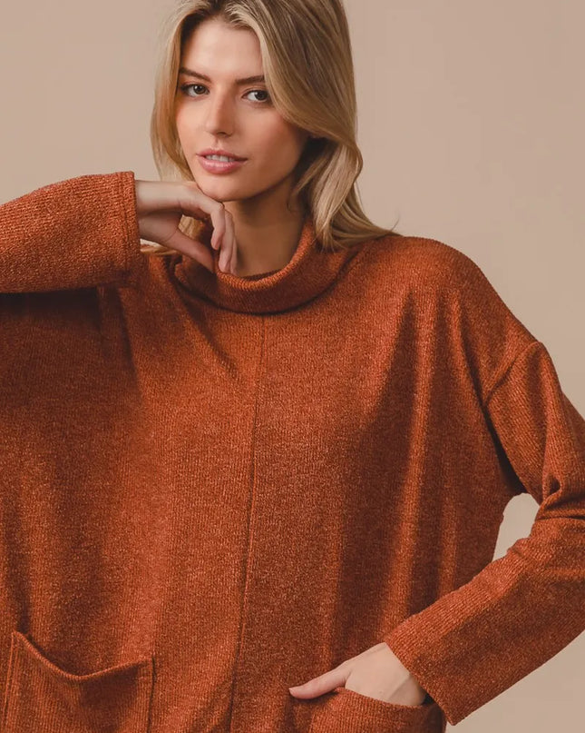 BiBi Piper Rib Double Pocket Turtle Neck Sweater