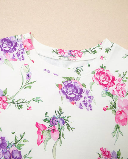 Floral Print Round Neck Top and Drawstring Pants Lounge Set