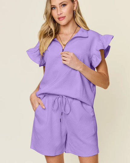 Double Take Full Size Texture Flounce Sleeve Top and Drawstring Shorts Set Lavender