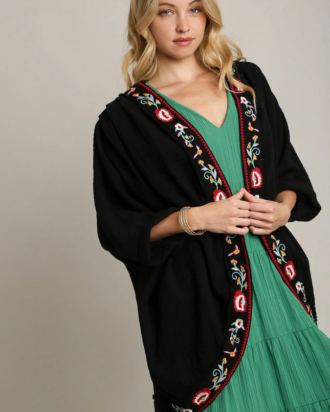 Umgee Embroidery Open Front Kimono with Pleated Shoulder Detail