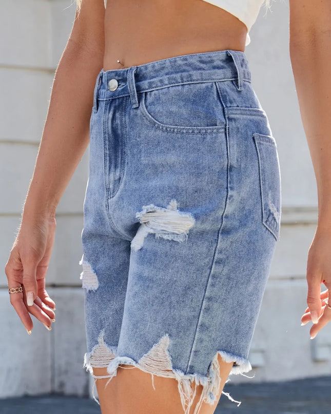 Distressed Raw Hem Denim Shorts 