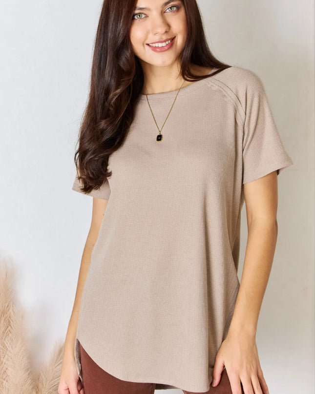 Zenana Baby Waffle Short Sleeve Slit High-Low T-Shirt Light Mocha