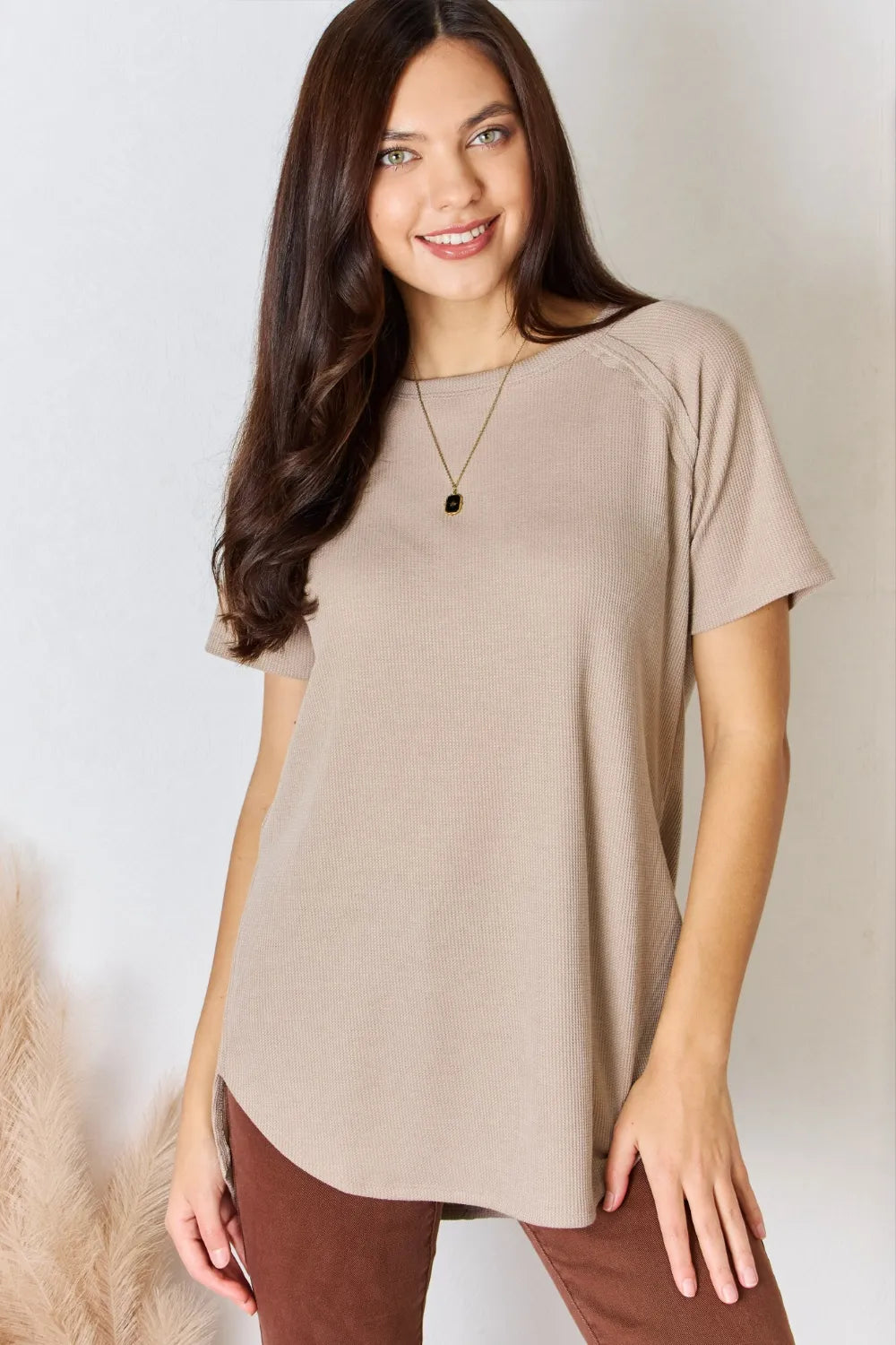 Zenana Baby Waffle Short Sleeve Slit High-Low T-Shirt Light Mocha