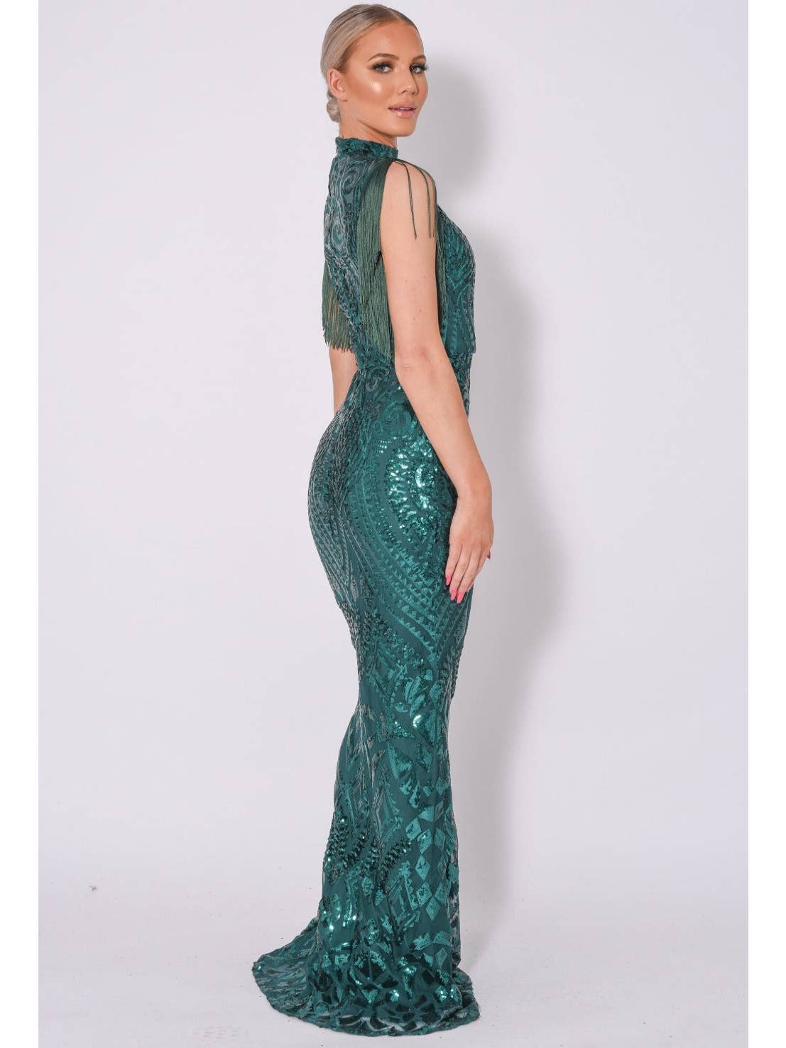 Magic Vip Green Luxe Tassel Fringe Sequin Embellished Illusi.