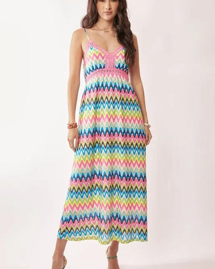 Davi & Dani Multi Color Crochet Lace Midi Dress Pink Blue