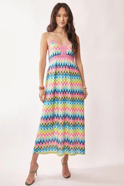 Davi & Dani Multi Color Crochet Lace Midi Dress Pink Blue