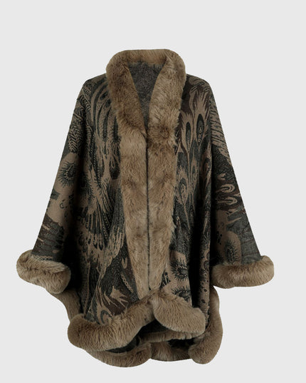 Printed Open Front Poncho Camel One Size