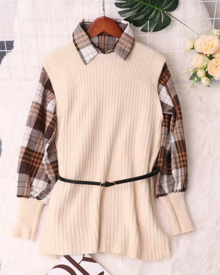 Plaid Long Sleeve Sweater Dress Apricot One Size