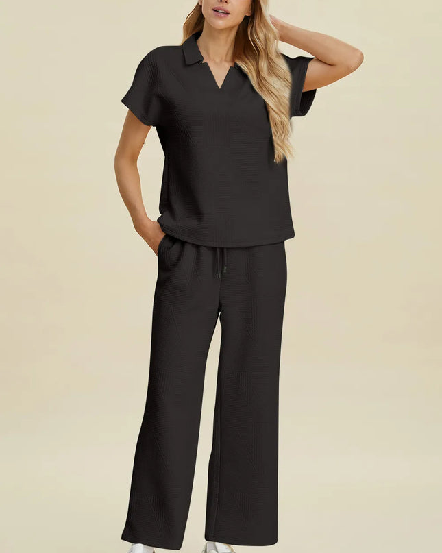 Double Take Full Size Collared Neck Short Sleeve Top and Pants Set