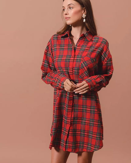 SO ME Christmas Checker Plaid Button Up Shirt Dress