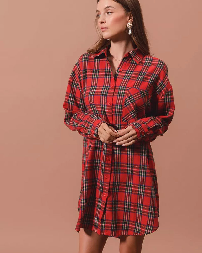 SO ME Christmas Checker Plaid Button Up Shirt Dress