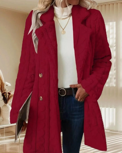 Double-Breasted Fleece Longline Coat Burgundy