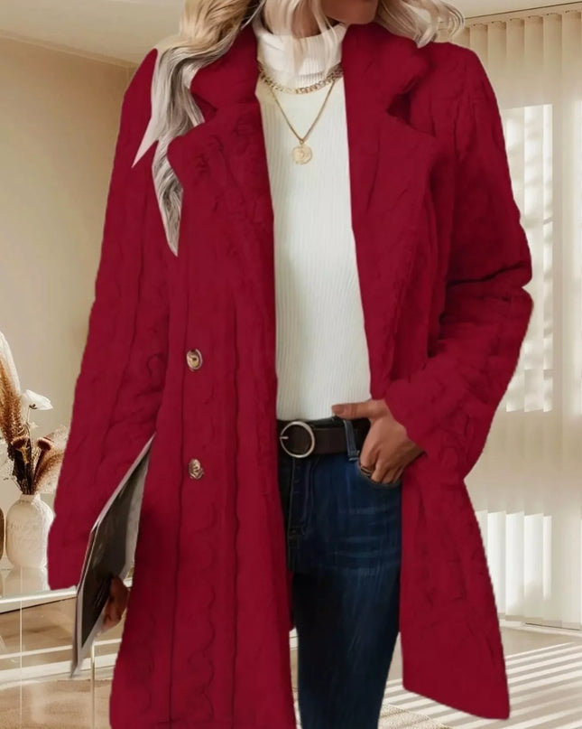 Double-Breasted Fleece Longline Coat Burgundy