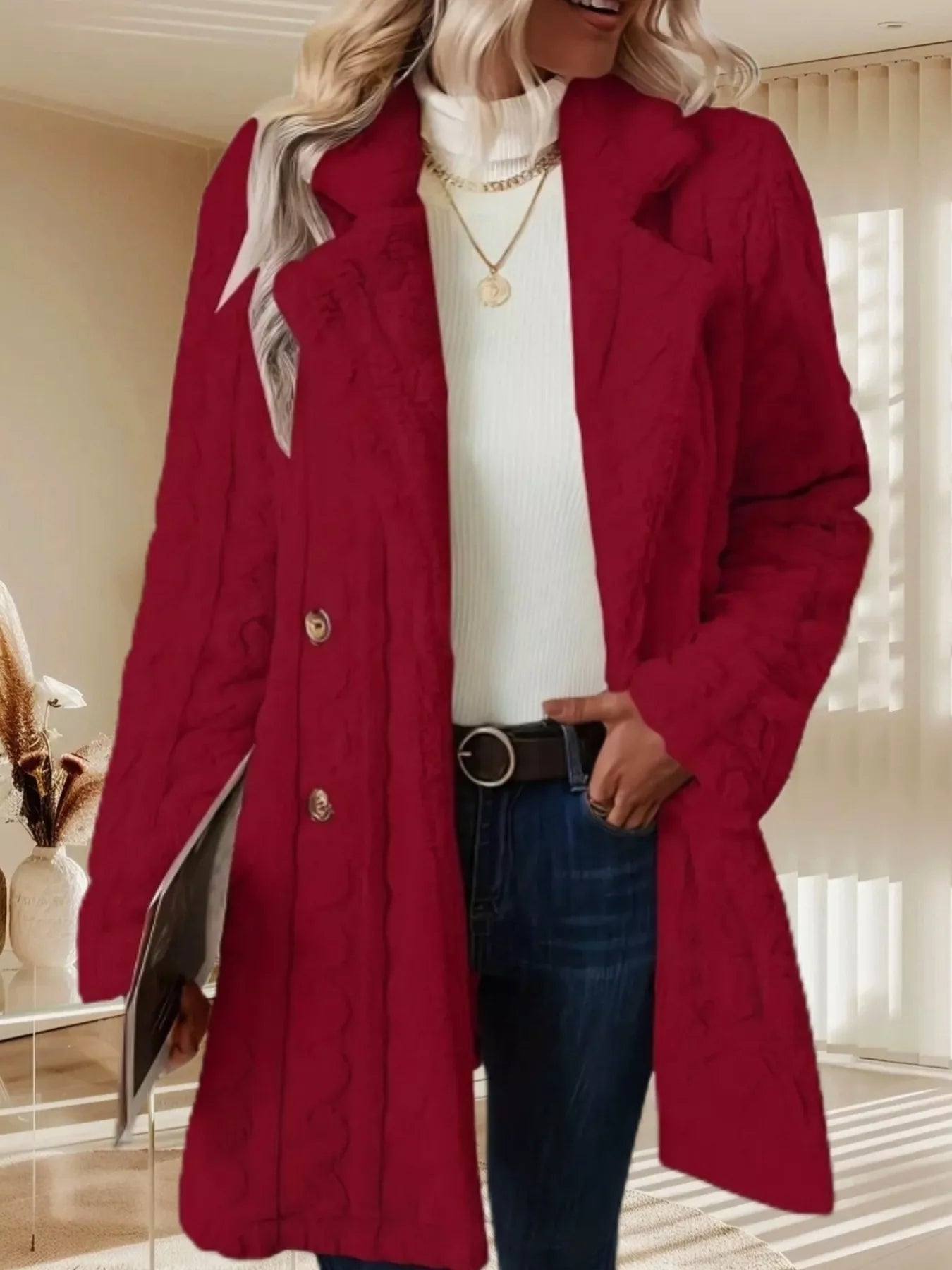 Double-Breasted Fleece Longline Coat Burgundy
