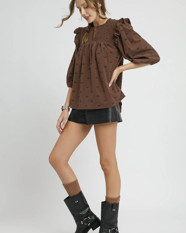 Umgee Bow Print Corduroy Puff Sleeve Blouse with Ruffled