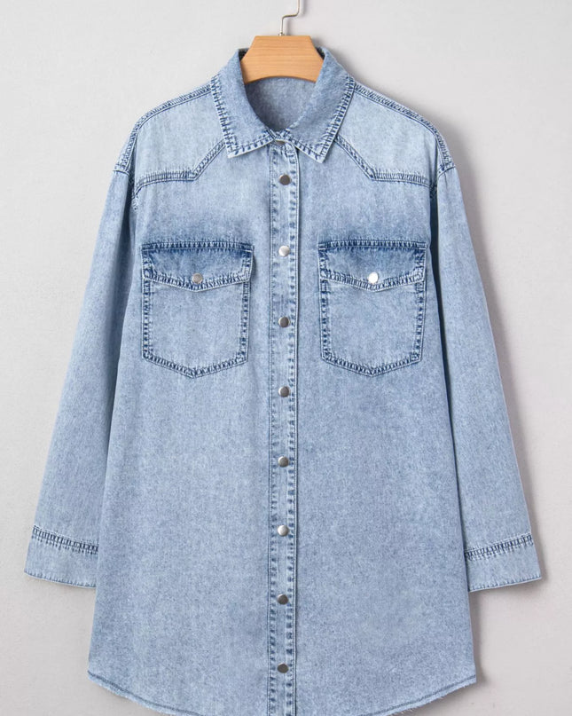Chest Pocket Raw Hem Denim Loose Shirt Dress