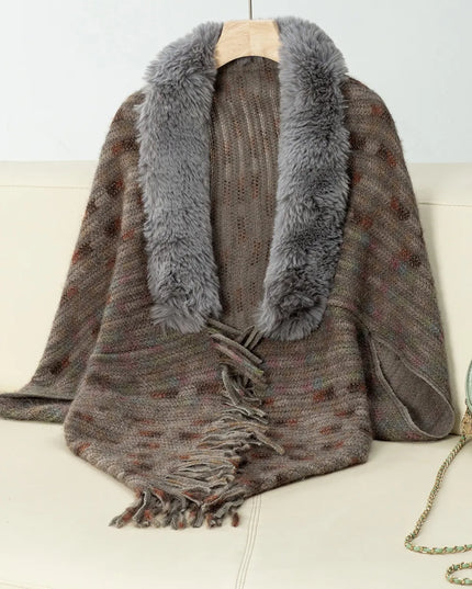 Fringe Fuzzy Open Front Poncho Coffee Brown One Size
