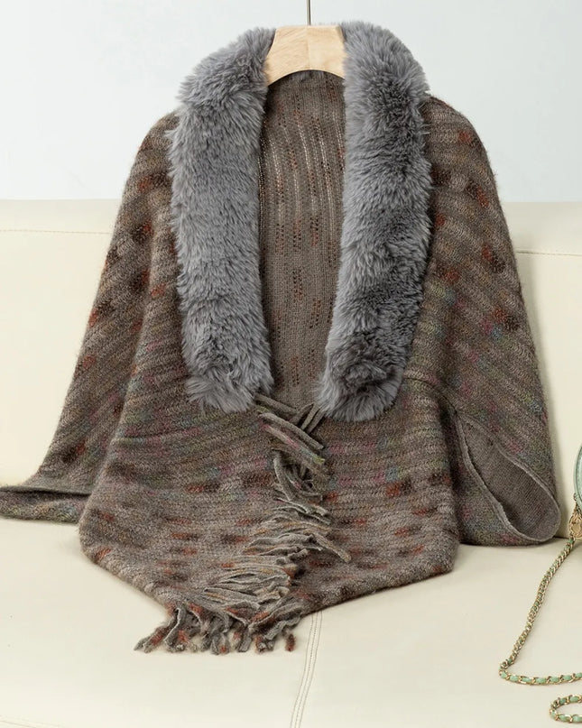 Fringe Fuzzy Open Front Poncho Coffee Brown One Size