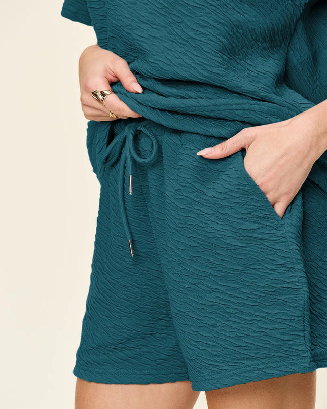 Double Take Full Size Texture Short Sleeve T-Shirt and Drawstring Shorts Set