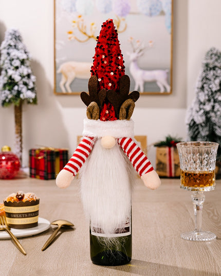 Sequin Pointed Hat Faceless Gnome Wine Bottle Cover Deep Red One Size