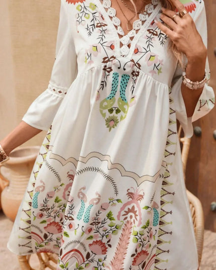 Lace Detail Printed Three-Quarter Sleeve Dress