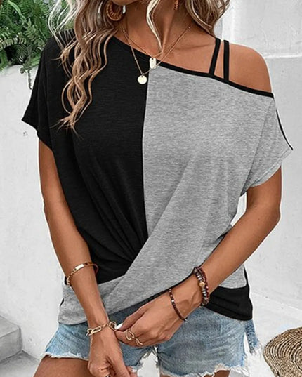 Contrast Asymmetrical Neck Short Sleeve T-Shirt Gray