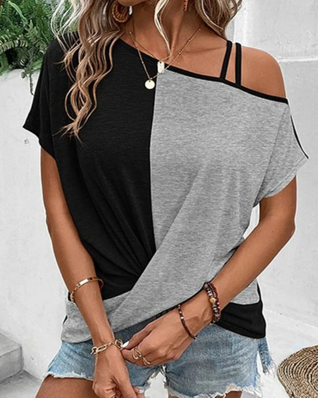 Contrast Asymmetrical Neck Short Sleeve T-Shirt Gray