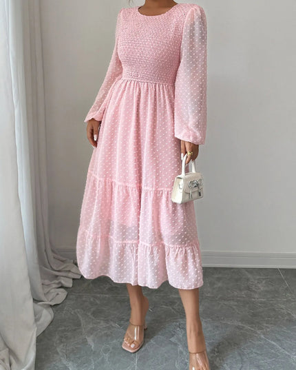 Polka Dot Long Sleeve Tiered Midi Dress Pink
