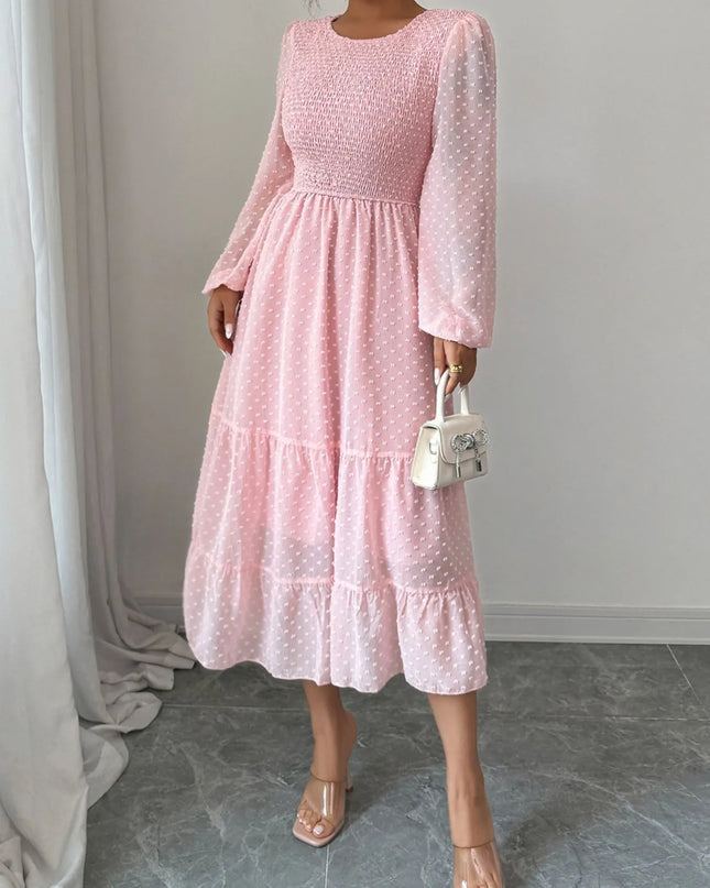 Polka Dot Long Sleeve Tiered Midi Dress Pink
