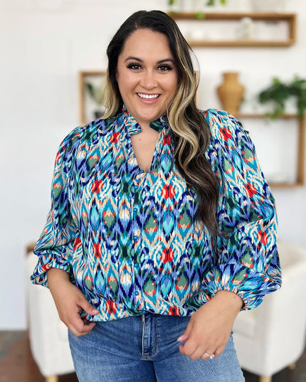 Double Take Full Size Printed Balloon Sleeve Blouse