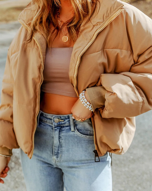 Zip Up Collared Neck Coat with Pockets