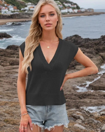 Ribbed Hem V-Neck Sweater Vest Black