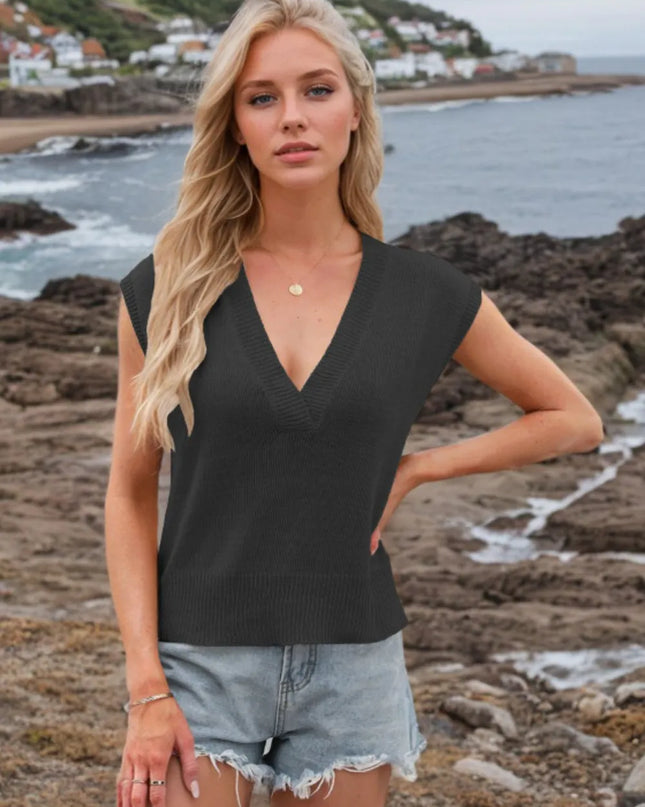 Ribbed Hem V-Neck Sweater Vest Black
