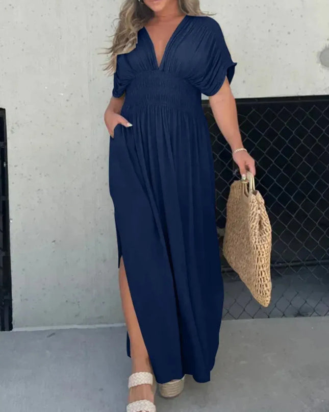 Full Size Deep V-Neck Maxi Dress with Side Slit Plus Size Navy Blue