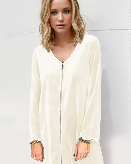 Double Take Wave Contrast Trim V-Neck Zip Up Long Sleeve Mini Dress Cream