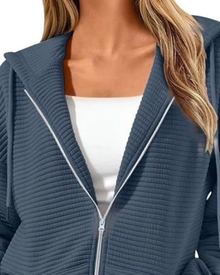 Drawstring Zip Up Dropped Shoulder Hoodie