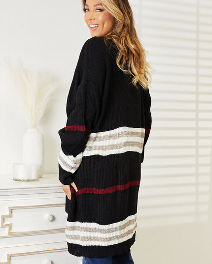 Perfee Striped Rib-Knit Drop Shoulder Open Front Cardigan