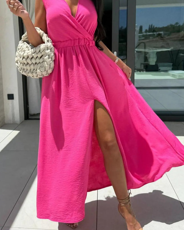 Surplice Sleeveless Slit Maxi Dress Hot Pink